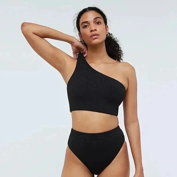 Madewell Ribbed One Shoulder Longline Bikini Top True Black Size Small NWT - Picture 1 of 5